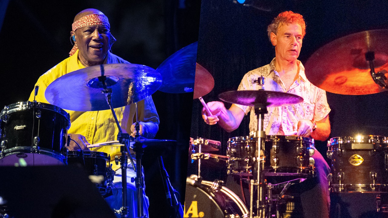 Collage zeigt die Schlagzeuger Billy Cobham und Bill Bruford