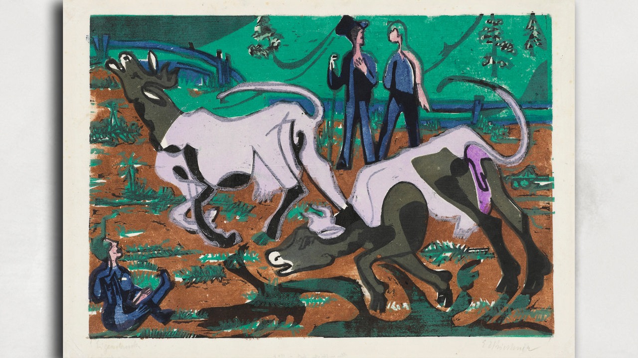 Farbholzschnitt von Ernst Ludwig Kirchner: Kühe im Frühling, 1933/34